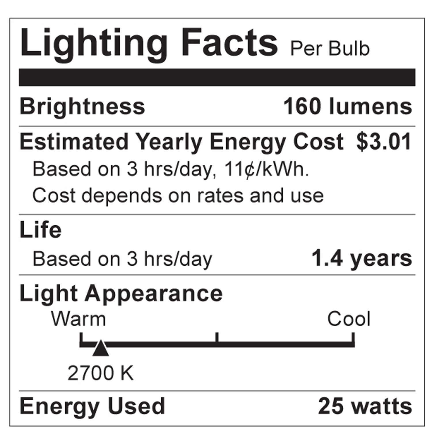 S2764 Lighting Fact Label
