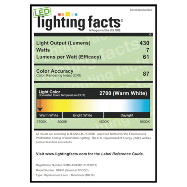 S8845 Lighting Fact Label